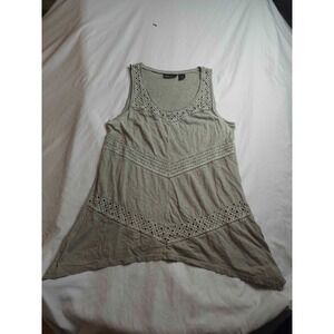 DKNY Jeans Tank Top Womens‎ M Green Crochet Trim Sharkbite Hem Tunic Scoop Neck